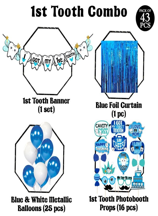 Zyozique I Got My First Tooth Photo Booth Props and I Got My First Tooth Paper Banner With Balloons /First Tooth Decoration/First Tooth Decoration Items for Baby (Pack of 43) Blue - Image 2